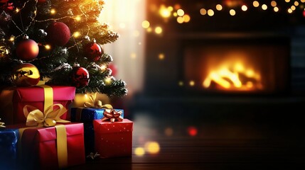 A warmly lit Christmas tree decorated with colorful gifts standing near a glowing fireplace in a cozy, dimly lit room, showcasing a festive atmosphere with soft, cinematic bokeh in the background. Thi