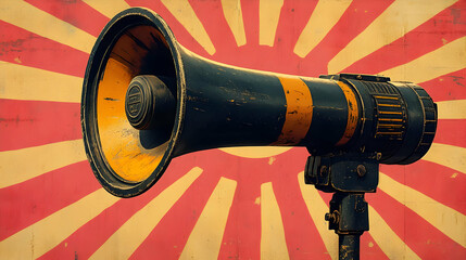 Vintage Megaphone with Red and Yellow Sunburst Background - Illustration