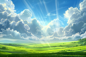 Obraz premium Fluffy clouds casting shadows over a vast green landscape, with rays of sunlight breaking through.