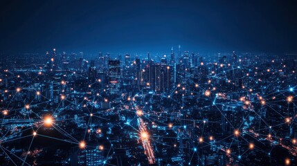 Obraz premium A digital cityscape illuminated by network connections and data flow.