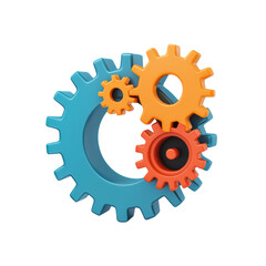 Colorful gears in blue, orange, and red symbolize teamwork and innovation. This vibrant design represents collaboration and mechanical efficiency in playful way