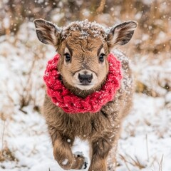 Fototapeta premium Adorable fawn wearing a red scarf in the snow.
