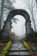 Obraz premium A Stone Pathway Leading to a Foggy Forest through an Ancient Archway.