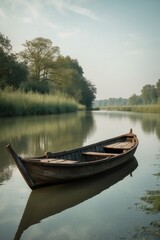 Fototapeta premium Rustic wooden boat floating gently on a calm river background idyllic scene reflecting the simplicity and beauty of traditional life.