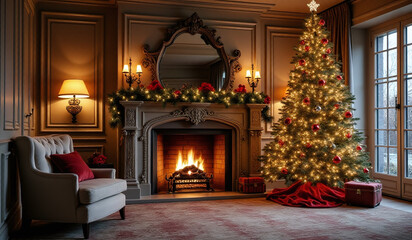 Fototapeta premium living room features stylish fireplace surrounded christmas tree elegant furnishings