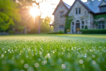 Obraz premium In the early morning, dew-covered grass sparkles as sunlight filters through the trees, highlighting the lush landscape surrounding a charming estate.