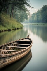 Obraz premium Rustic wooden boat floating gently on a calm river background idyllic scene reflecting the simplicity and beauty of traditional life.