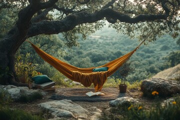 Fototapeta premium A hammock under a tree with a journal, book, and natural surroundings. Generative AI