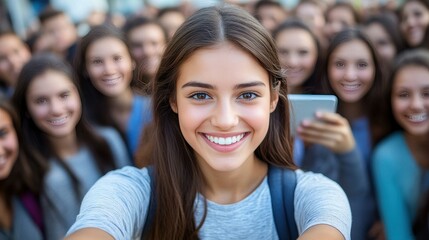 Obraz premium A girl is smiling and taking a selfie with her friends. Concept of happiness and camaraderie among the group
