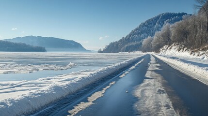 A serene winter landscape with a snow-covered road alongside a frozen river and mountains.