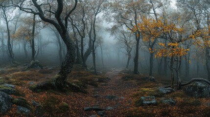 Obraz premium A misty forest path with autumn foliage and a tranquil atmosphere.