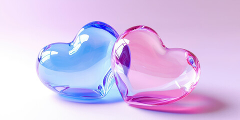 Fototapeta premium Two hearts made of glass are on a white background