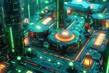 A vibrant, futuristic cityscape with glowing circuits and structures.