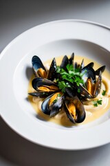 Delicious fresh mussels steamed according to a traditional french recipe in a white wine sauce with parsley in a white plate on a gray background.