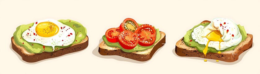 Avocado Toast Trio: Fried Egg, Tomato, and Poached Egg Variations