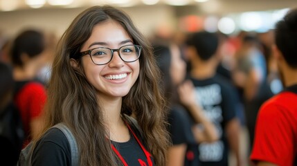 A girl with glasses is smiling and posing for a picture. She is wearing a black shirt and a red backpack. Concept of happiness and confidence