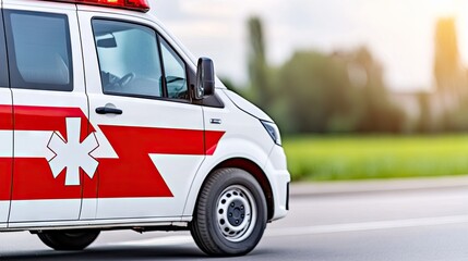 A close-up view of a red and white ambulance navigating a bustling city street in the afternoon light, showcasing detailed emergency symbols