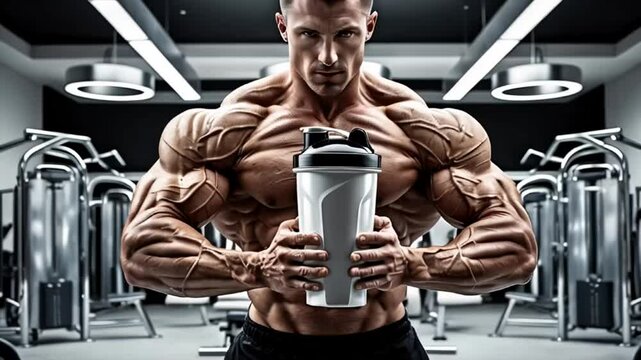 Strong arms of a male athlete in a gym holding a container with protein