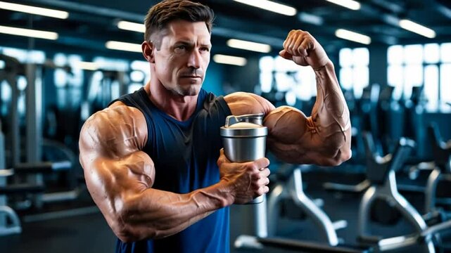 Strong arms of a male athlete in a gym holding a container with protein