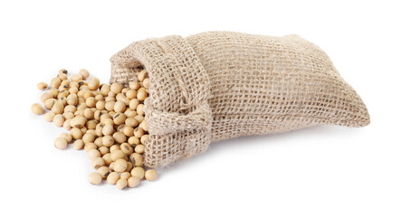 Soy beans in burlap sack isolated on white