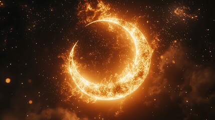 Obraz premium A Stunning Cinematic View of a Glowing Crescent Moon Surrounded by Stars and Cosmic Elements in a Darkened Night Sky