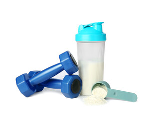 Protein powder, shaker and dumbbells isolated on white