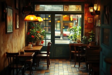 Fototapeta premium Cozy cafe interior with wooden tables and chairs, a window overlooking a city street, and warm lighting.