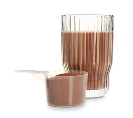 Delicious protein shake in glass and scoop with powder isolated on white