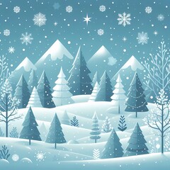 Obraz premium Snowy winter wonderland with trees and snowflakes, flat style