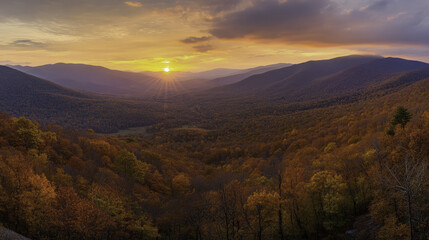 Fototapeta premium stunning sunset landscape over mountains with vibrant autumn foliage, showcasing beauty of nature and tranquility
