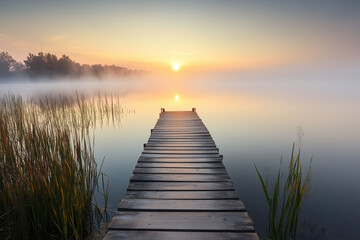 Obraz premium Wooden pier extending into a calm, misty lake at sunrise. Generative AI