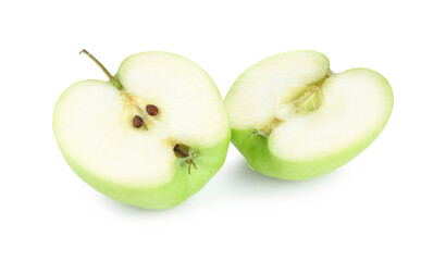 Halves of fresh green apple isolated on white