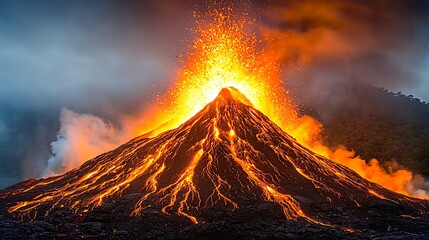 Dramatic Eruption of a Volcano Spewing Molten Lava and Ash, Capturing the Fiery Display of Nature's Power in a Close-Up Perspective