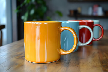 A close-up of an orange ceramic mug with a handle, sitting on a wooden table with other colorful mugs in the background.