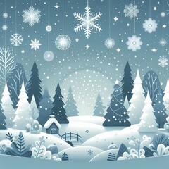 Fototapeta premium Snowy winter wonderland with trees and snowflakes, flat style