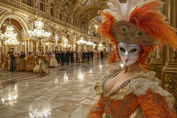 Elegant venice masquerade ball in opulent hall with ornate masks and costumes