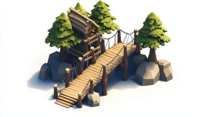 Elven tree village, rope bridges, tree houses 3D texture, gaming texture isolated on transparent or white background, png