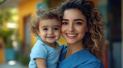 Fototapeta premium Smiling Woman Holding Baby - Photo