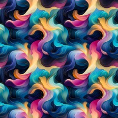 Abstract colorful seamless pattern with waves in pink, blue or teal, yellow, orange and purple colors, gold lines. Watercolor abstract art.