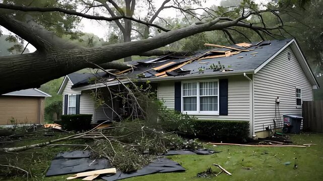 Storm-Damaged House with Fallen Tree on Roof

