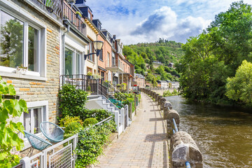 Walking path at the river promenade in La Roche-en-Ardenne, Belgium