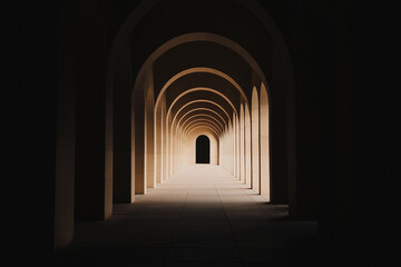 Fototapeta premium Long corridor of stone arches with dramatic shadows, architectural perspective creating a sense of depth and mystery
