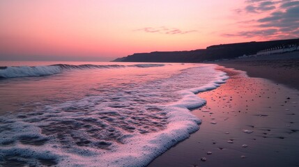 A peaceful seascape with soft pink light reflecting on the ocean waves as they roll onto the sandy beach at dusk.