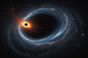 Distant view of a black hole pulling in stars, with glowing gas swirling around it