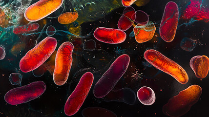 A close-up, high-quality microscopic image of bacteria, showing vibrant, irregularly shaped cells with clear details of cell walls and textures, set against a dark background to enhance visibility.