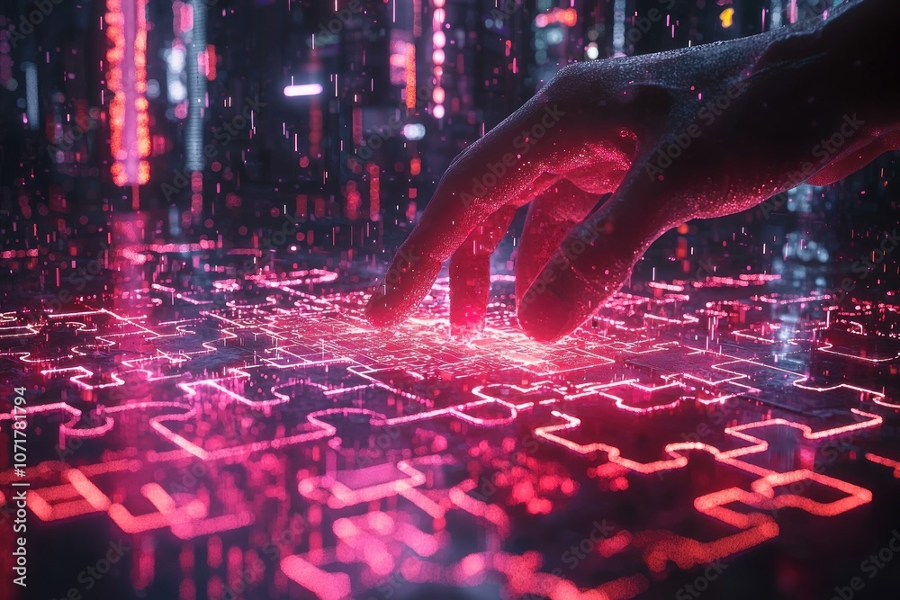 Poster hand interacting with a glowing circuit board puzzle
