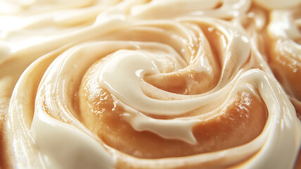 A close-up photo of a freshly baked Cinnabon roll, topped with melting cream cheese frosting, soft layers swirled with cinnamon filling, rich and decadent