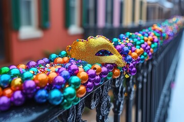Obraz premium Colorful mardi gras beads and mask on black iron fence in festive new orleans street