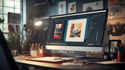 A creative workspace where AI suggests design elements on a digital canvas, aiding graphic designers with smart tools that adapt to their artistic preferences.