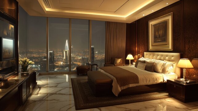 Luxurious hotel suite with panoramic city view floor-to-ceiling windows king-sized bed marble bathroom high-end furniture warm ambient lighting - Powered by Adobe